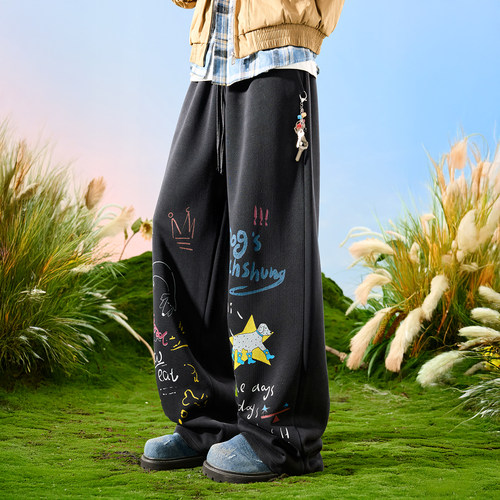 Nuthink美式卡通印花阔腿卫裤男