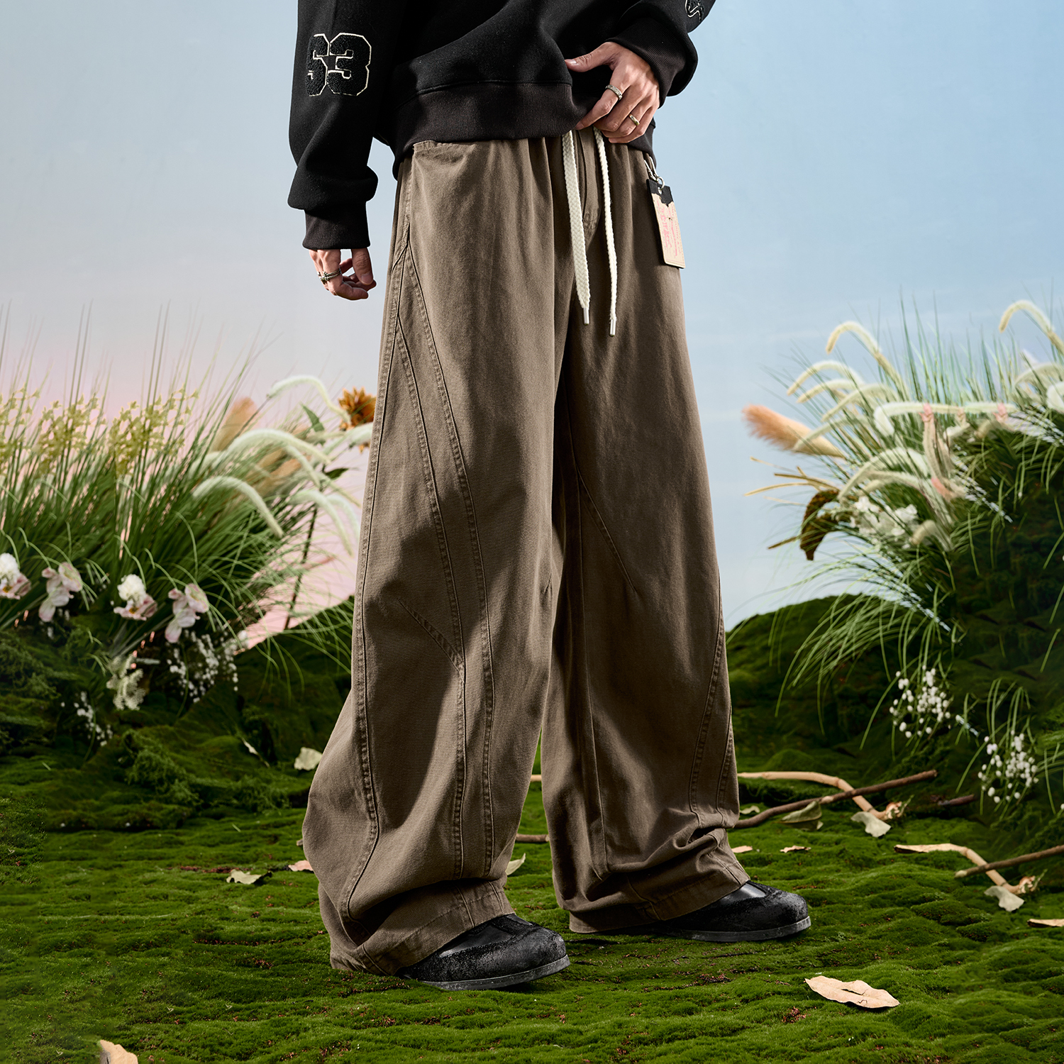 Nuthink美式宽松弯刀工装长裤男