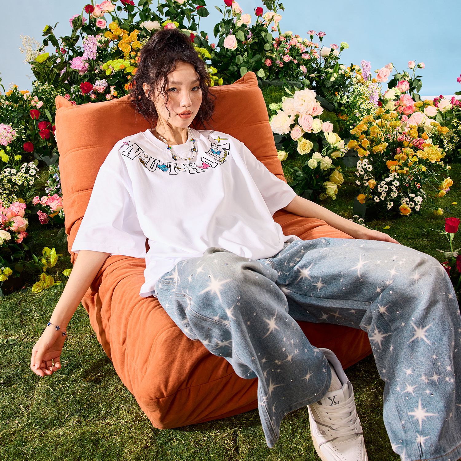 Nuthink国潮花卉蝴蝶项链刺绣短袖T恤美式半袖纯棉男女2025夏新款