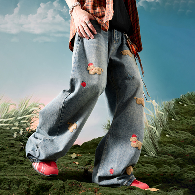 Nuthink拉链长裤牛仔裤刺绣小狗