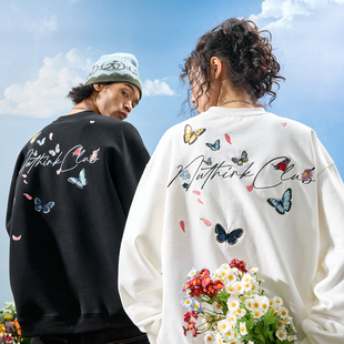 新款 Nuthink美式 复古蝴蝶字母刺绣圆领卫衣潮牌国潮男女2025冬季