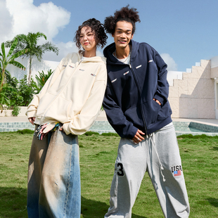 新款 加绒外套男女2025冬季 复古潮牌字母连帽卫衣开衫 Nuthink美式