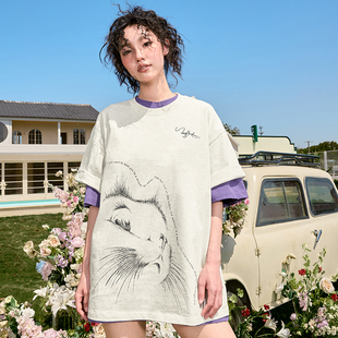 2026年夏 T恤宽松情侣男女新款 Nuthink多巴胺美式 复古猫咪印花短袖
