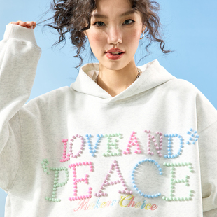 Nuthink美式 复古彩色珍珠字母连帽卫衣宽松潮情侣男女2025冬新款