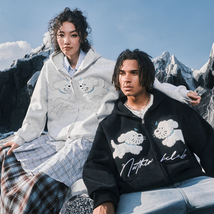 卫衣外套男女2025冬新款 Nuthink美式 卡通小狗毛巾绣刺绣连帽开衫