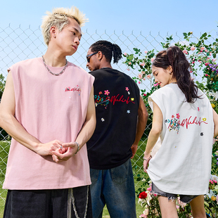 新品 男女2025夏季 复古无袖 Nuthink潮牌重磅花卉字母刺绣背心美式