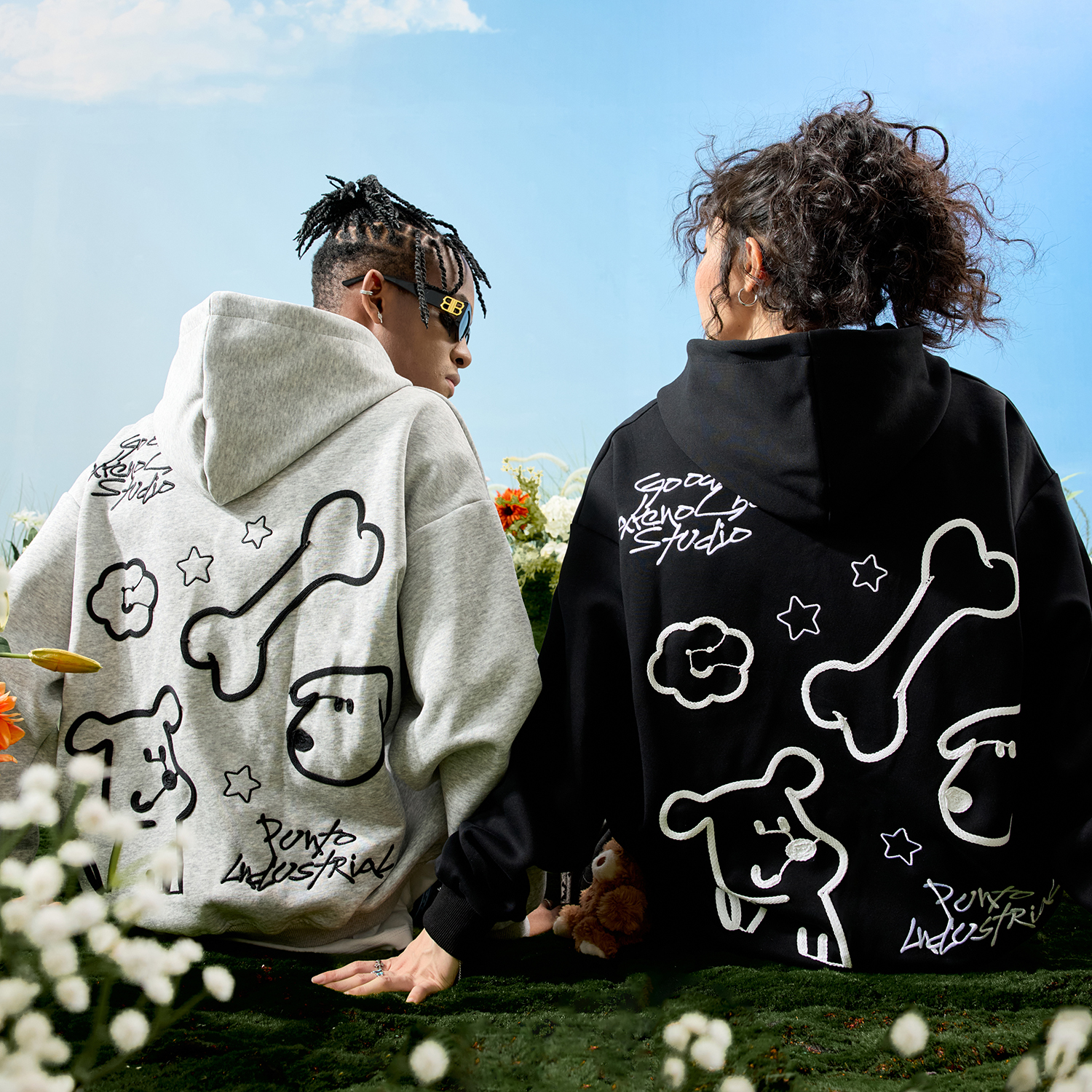 Nuthink美式小狗刺绣连帽卫衣男