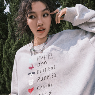 新款 Nuthink美式 潮牌小狗小猫卡通字母圆领卫衣加绒男女2025冬季