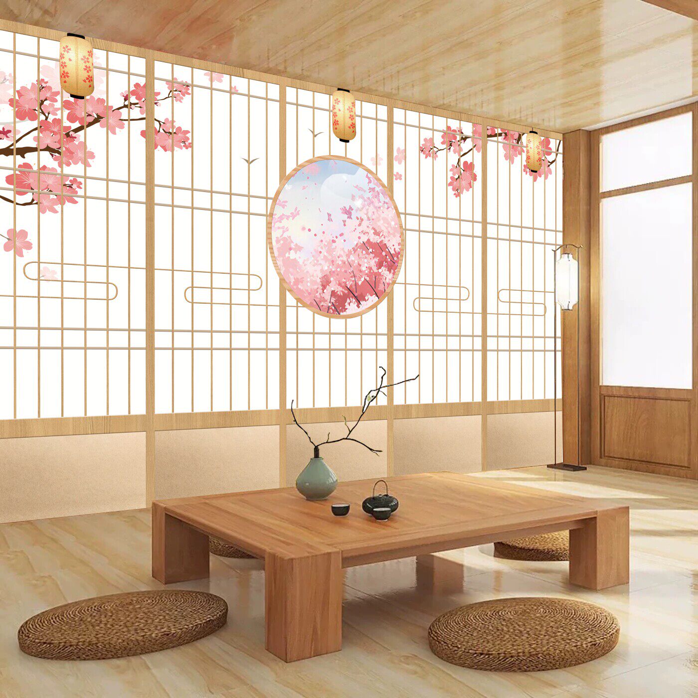 寿司店背景墙壁画日式料理店墙面装饰樱花墙贴招财猫贴画自黏贴纸