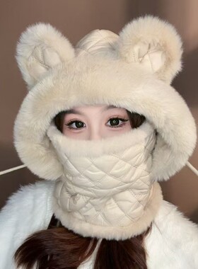 冬季骑行加绒保暖围巾一体帽女