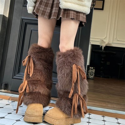 秋冬毛毛腿套y2k蝴蝶结绑带中筒辣妹仿皮草保暖显瘦毛绒袜套雪套