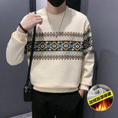 高级感潮牌民族风印花卫衣男秋冬新款 ins轻熟内搭长袖 加绒T恤上衣