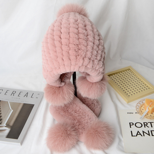 可爱獭兔毛宝宝帽子男女童冬季保暖护耳防风毛绒球球帽子围巾套装