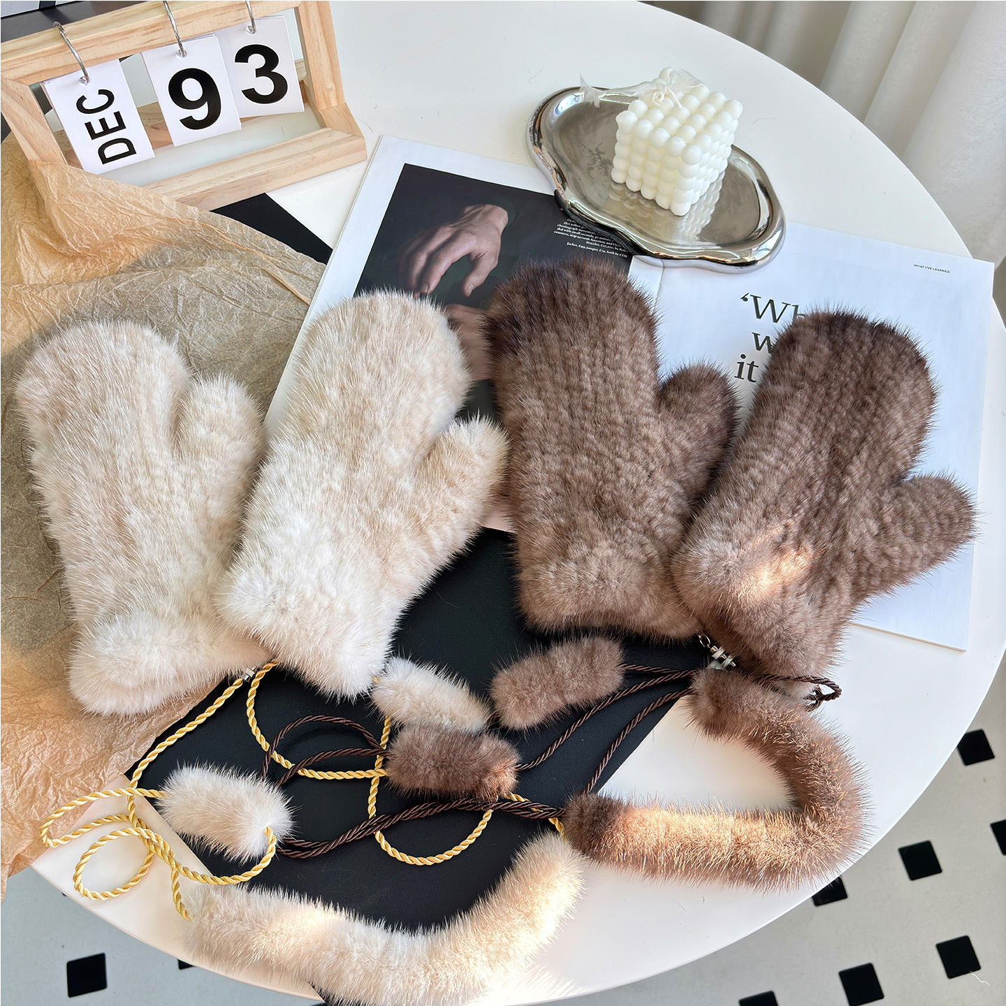 加密编织真水貂毛手套