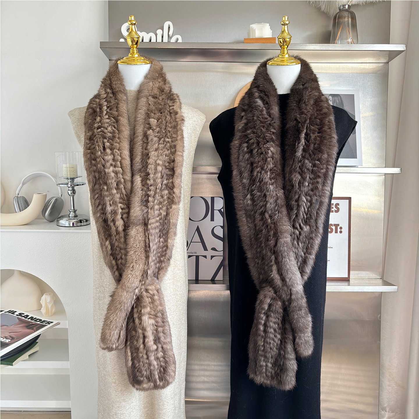 高级感兔毛编制围巾紫貂色