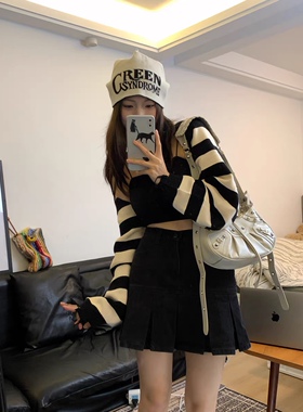 [BELLEVUE]小众JTYL设计黑白格子条纹小众针织衫半截袖口破坏外套