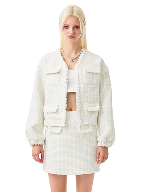 [BELLEVUE]小众设计纯欲风白色珍珠手工编花边棒球服小香风套装