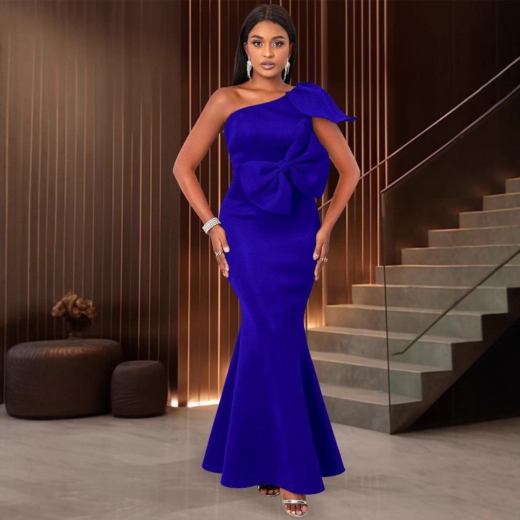 欧美宴会礼服单肩连衣裙蝴蝶结修身派对鱼尾裙Party gown dresses