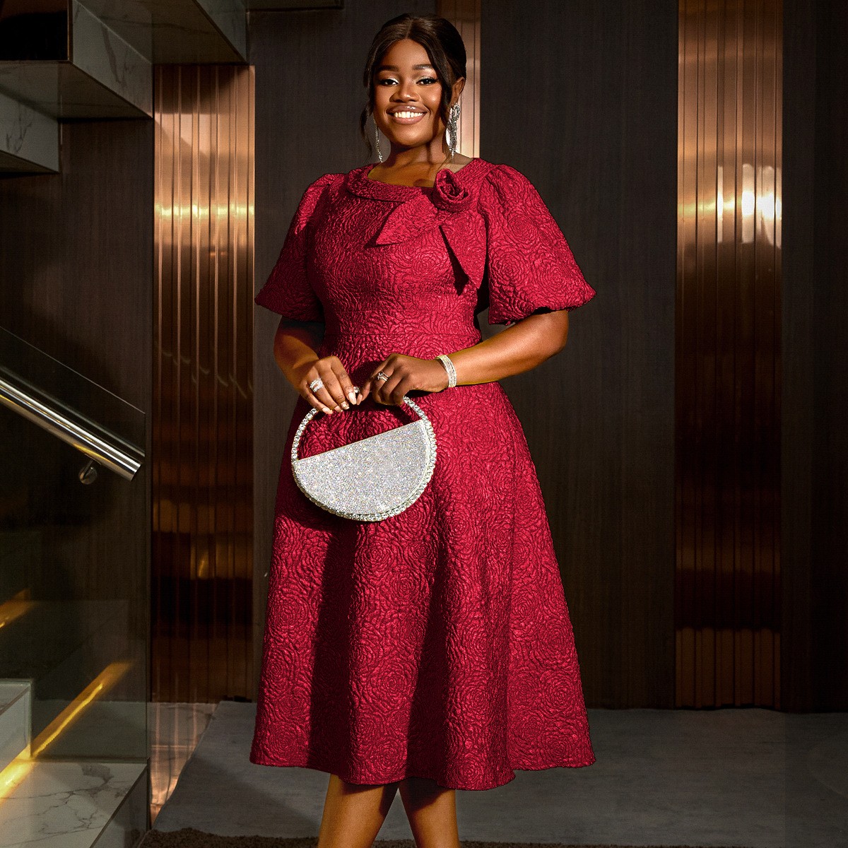 欧美大码时尚泡泡袖宴会晚礼服women dinner party dress ladies