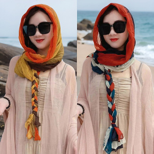 春夏新款 百搭气质围巾女遮阳 棉麻花丝巾帽辫子包头巾旅游洋气时尚
