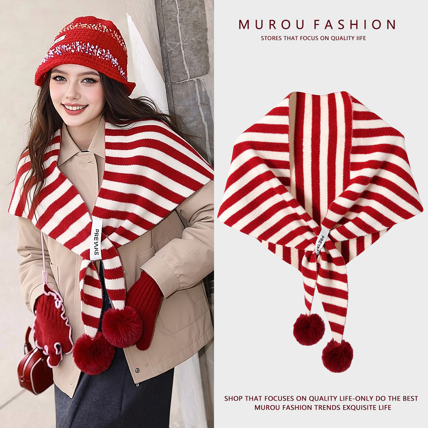 港风复古针织条纹可拆卸毛球外搭三角围巾女秋冬保暖装饰披肩围脖,服饰配件/皮带/帽子/围巾,围巾/丝巾/披肩,淘宝优惠券,粉丝福利购,淘宝优惠卷