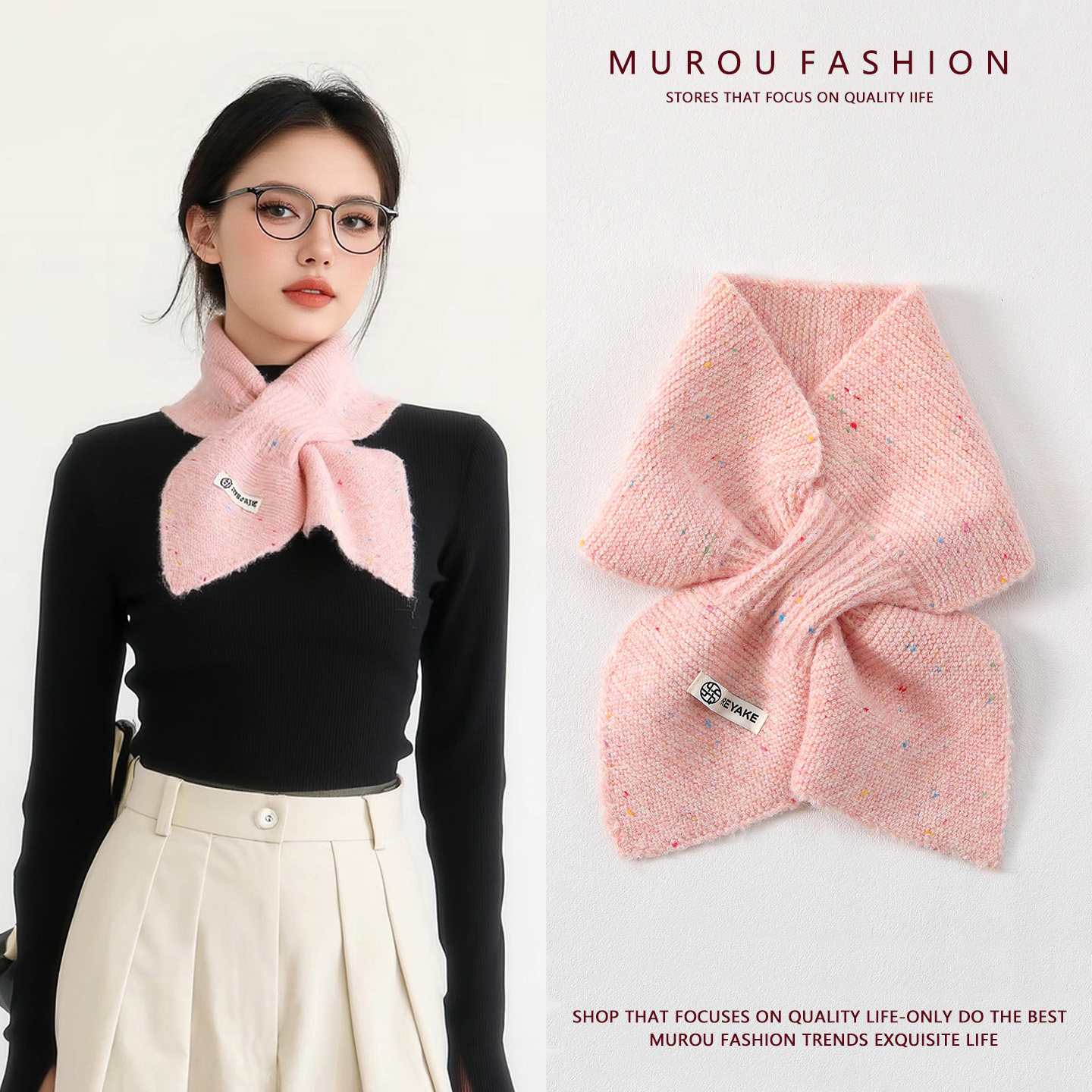 羊毛混纺蝴蝶结围巾女秋冬季保暖