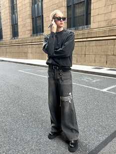 黑灰水洗做旧刀割破坏牛仔裤 Jeans复古阔腿拖地裤 Baggy VLABMADE
