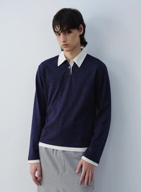 VLABMADE 竹节肌理复古假两件设计撞色polo领慵懒叠穿长袖打底衫
