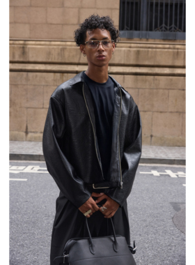 VLABMADE 优雅老钱风丝光条纹里衬*哑光肌理PU皮短宽廓形皮衣夹克