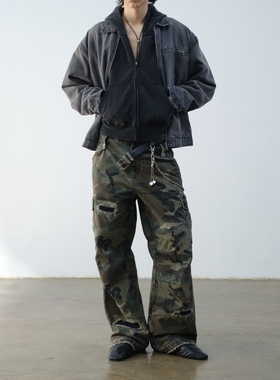 VLABMADE 军事绿迷彩破坏贴布宽松工装裤Camouflage Cargo Pants