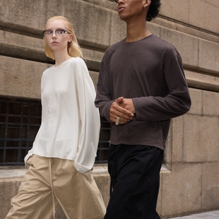 T恤 基础纯色刺绣单缝线圆领长袖 VLABMADE 复古松弛竹节纹理面料