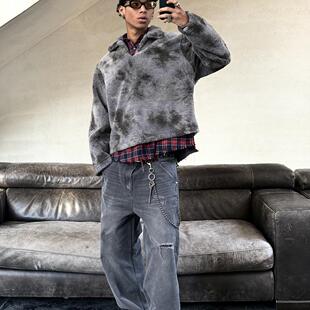 复古V领摇粒绒套头卫衣宽松外套 扎染做旧美式 VLABMADE 苔藓迷彩