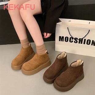 珂卡芙厚底勃肯鞋女2024冬季新款加绒保暖雪地靴时尚潮流马丁靴