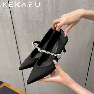 珂卡芙细跟高跟鞋2025秋季新款尖头法式水钻气质单鞋潮时尚职业鞋