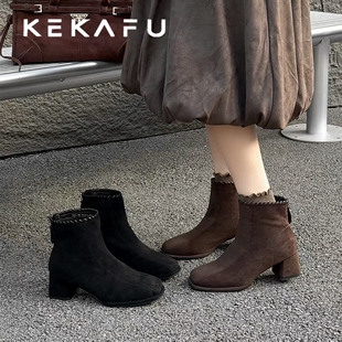珂卡芙绒面瘦瘦靴2025冬季新款加绒方头短靴时尚百搭气质时装靴女