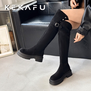 珂卡芙厚底过膝长筒靴2025冬季加绒两穿皮带扣骑士靴瘦瘦靴高筒靴