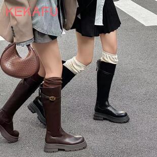 珂卡芙扣带骑士靴2024冬季新款加绒英伦风软底时尚潮流洋气瘦瘦靴