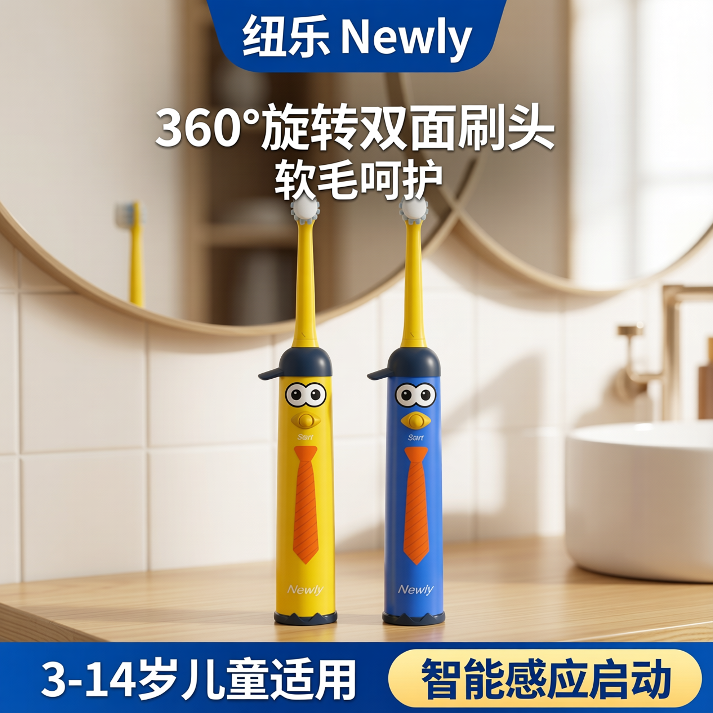 儿童电动牙刷360度旋转小学生宝宝软毛卡通自动换头男孩女孩双面