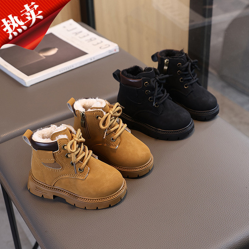 宝宝小黄靴子冬季爆款磨砂皮黑色加厚儿童马丁靴加绒男女童大棉鞋