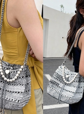 手工钩织镂空爆闪银黑女包diy材料包段染毛线单肩斜挎手提包女潮