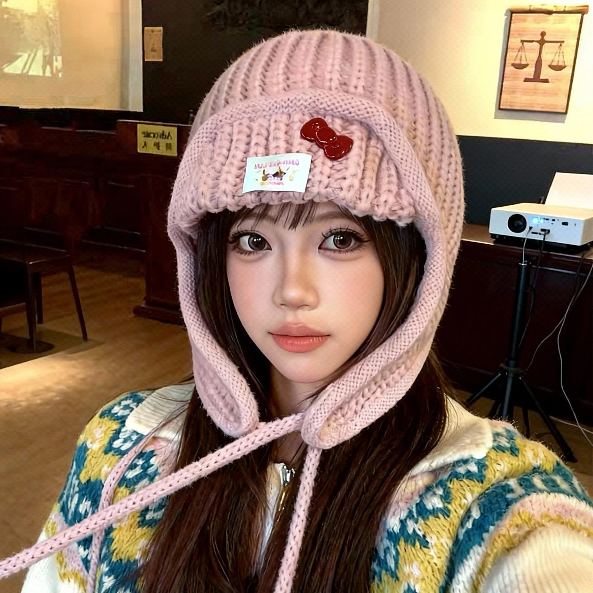 日系可爱粉色针织帽女秋冬季保暖护耳帽毛线帽百搭显脸小雷锋帽子