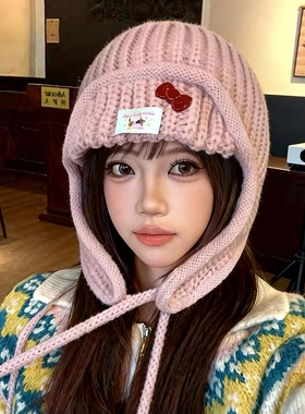 日系可爱粉色针织帽女秋冬季保暖护耳帽毛线帽百搭显脸小雷锋帽子