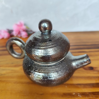 葫芦茶壶小容量铁胎蓝金泥纯手工雕刻柴烧裸烧容量80CC