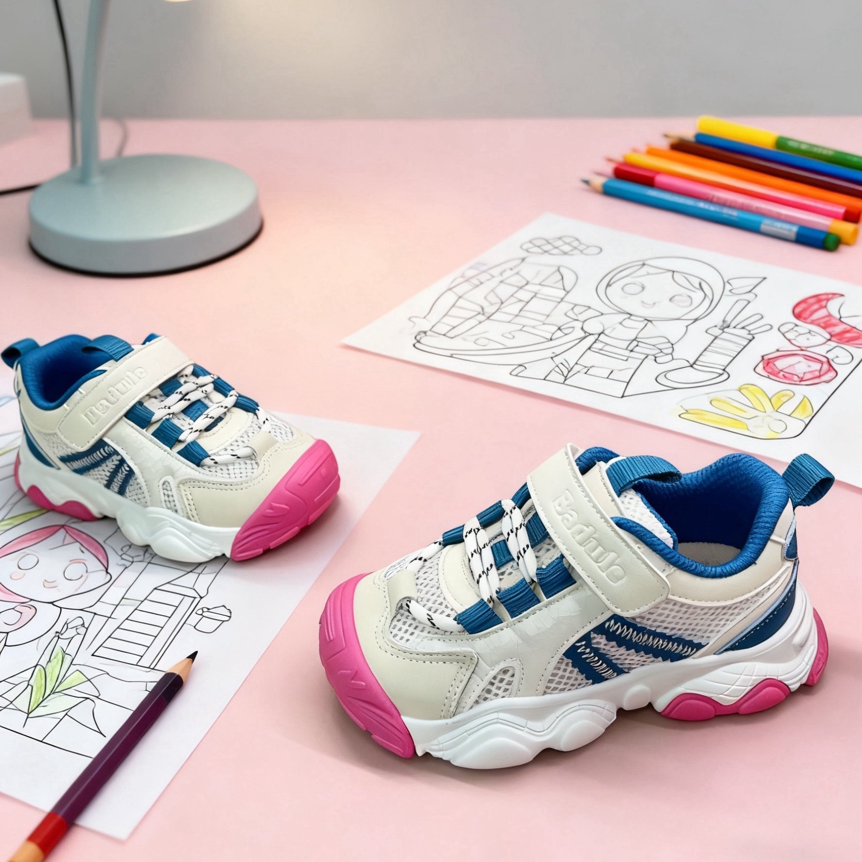 芭杜乐BADULE撞色运动鞋网孔透气轻便魔术贴男女童春夏时尚童鞋