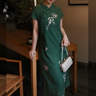 江南风复古风刺绣改良旗袍女短袖中长裙日常绿色盘扣高级感中国风