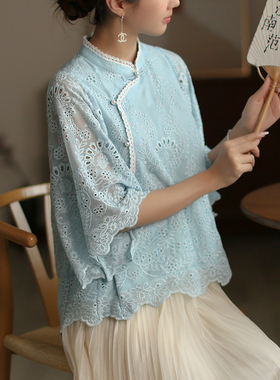 江南范新中式改良旗袍上衣2025年夏浅蓝色年轻款百搭通勤茶服小衫