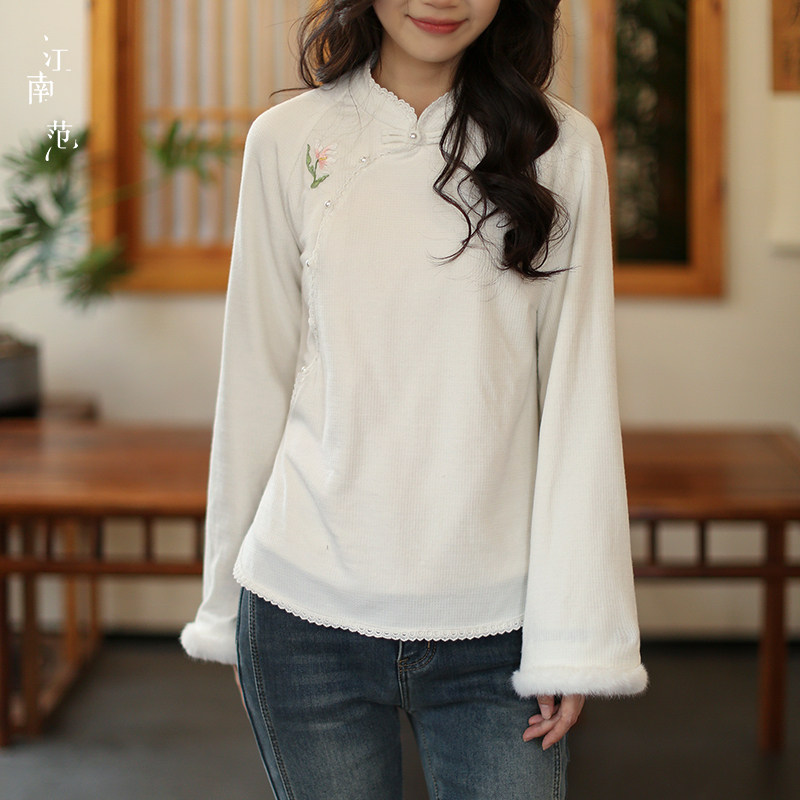 江南范新中式改良旗袍上衣立领加厚绣花复古气质轻国风针织小衫