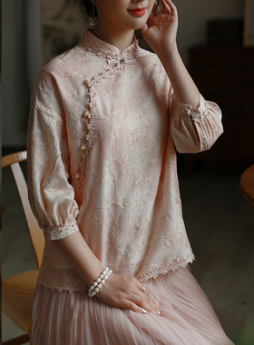 江南范国风改良旗袍上衣夏七分袖斜襟粉色炒色小立领茶服日常可穿