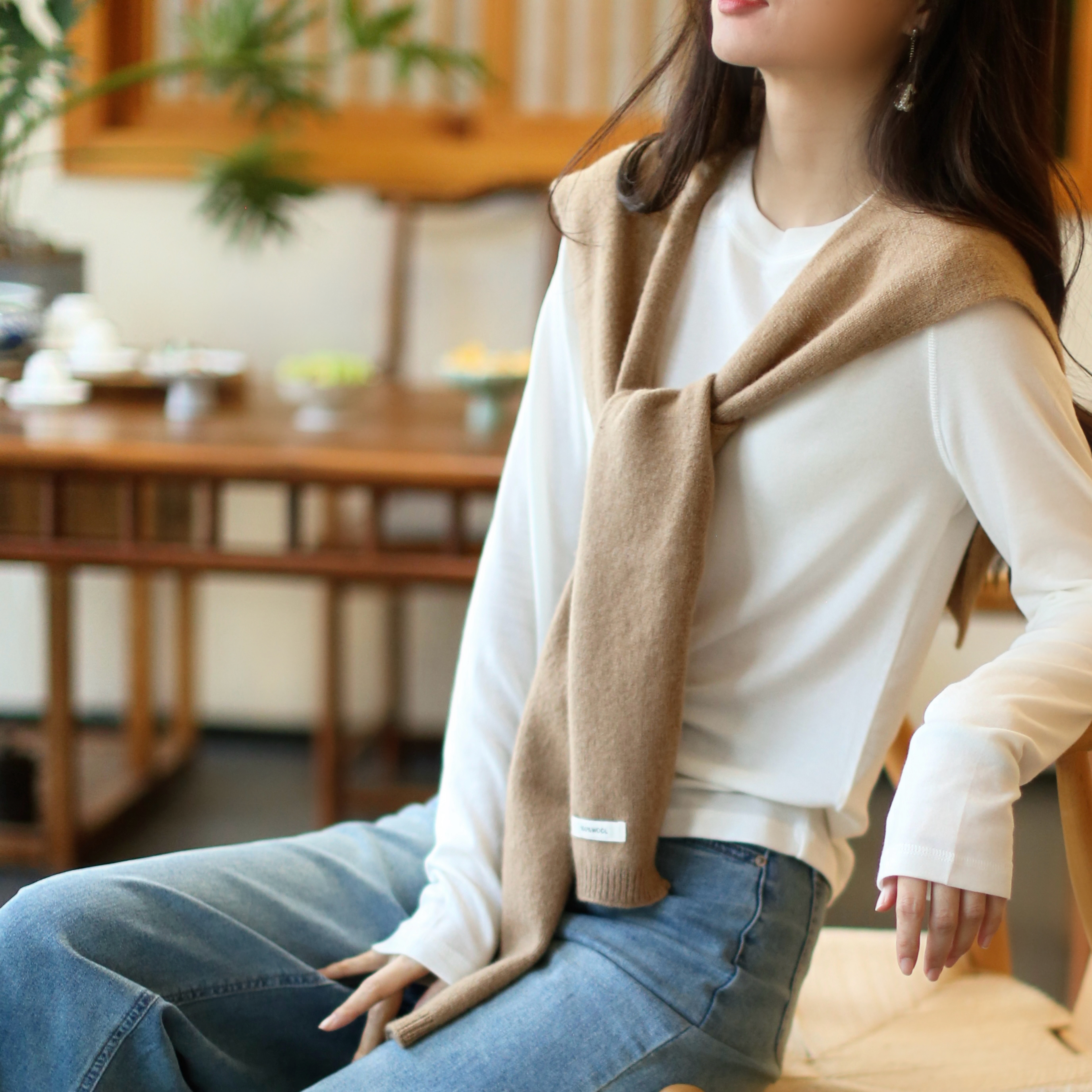 江南范白色圆领改良汉服上衣针织羊毛打底衫保暖内搭t恤茶服小衫