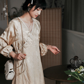 秋季 日常可穿低领国风连衣裙2024款 改良汉服V领中长款 江南范新式